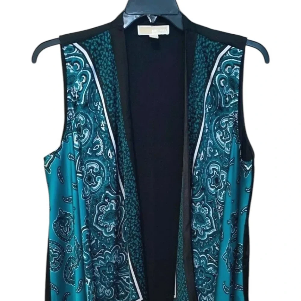 Michael Kors black & teal silk vest paisley print waterfall front size LG-XL